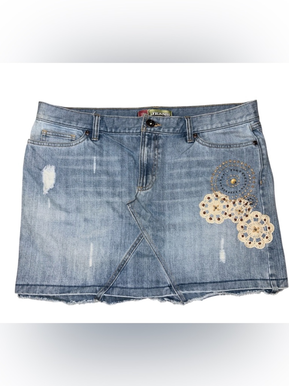 Vintage Y2K Old Navy Boho Jean Mini Skirt Distressed Floral Women’s Size 14
